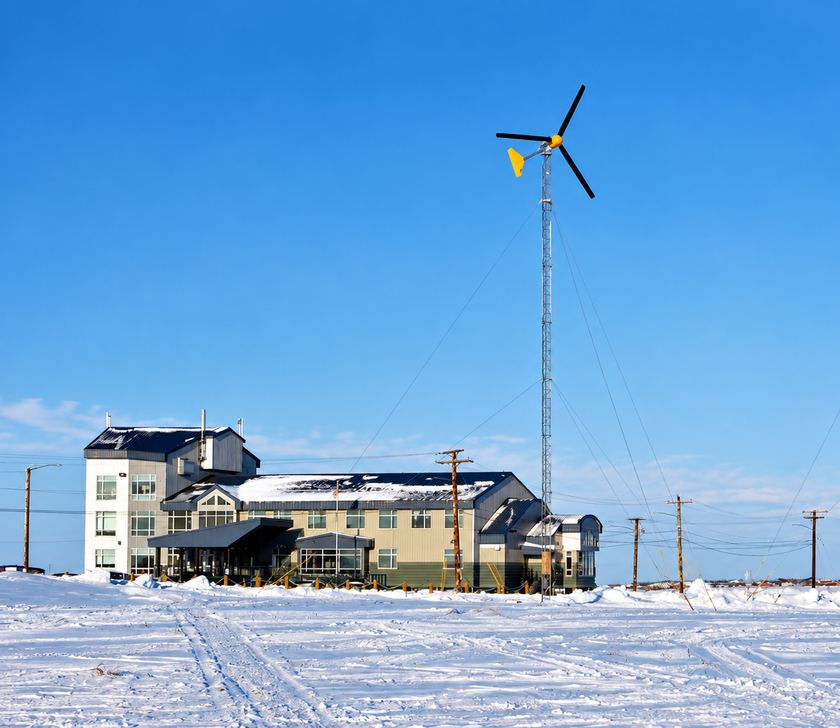 Yuut Elitnaurviat, the People’s Learning Center in Bethel, Alaska, on a clear winter day, with its wind turbines standing over the snow.