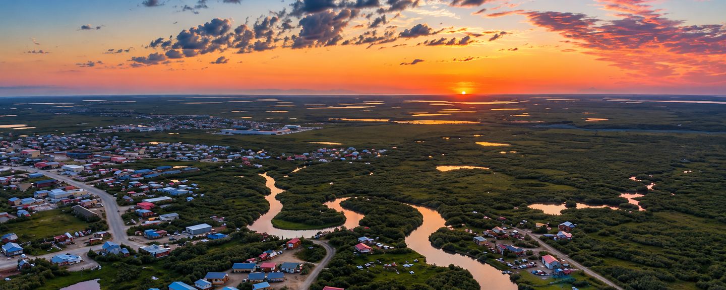 Aerial view of Bethel, Alaska at sunset — Brown's Slough winding through the town and out across the tundra ponds of the Yukon–Kuskokwim Delta.
